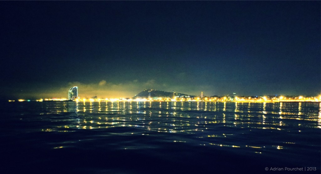 View of Barcelona Coast line at night taken from our sail boat