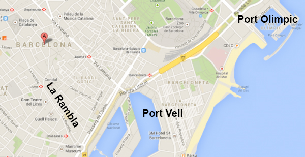 Barcelona map with Port Vell, Port Olimpic and La Rambla